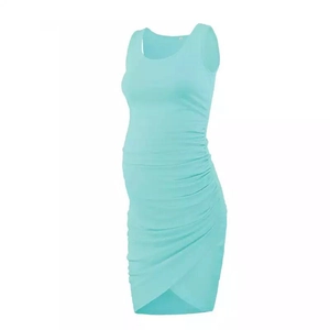 Sleeveless sky blue maternity dress with side ruching and round neck on white background
