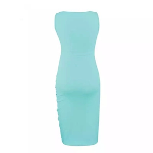 Detail of mint green sleeveless bodycon dress featuring side ruching and a slim fit cut