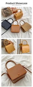 Mini crossbody bags displayed in yellow, black, caramel, and khaki with box structure
