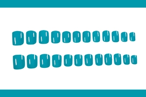 Set of 24 lake blue press-on nails in rounded square shape with glossy finish