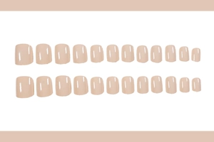 Flat lay showing 24 pieces of glossy nude pink short square oval press-on nails