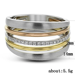 Three-tone multi-layer 14mm ring featuring gold, silver, and rose gold bands with zircon