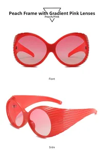Detailed front and side view of pink oversized round sunglasses with gradient lenses