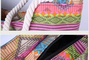 Detail of colorful geometric woven canvas bag featuring thick white cotton rope handles