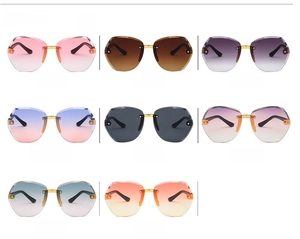 Detailed grid of rimless geometric children's sunglasses in eight gradient lens colors