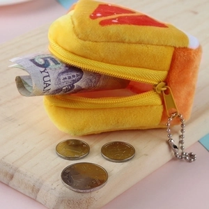 Creative toast bread plush coin purse with zipper and metal bead chain on wooden board