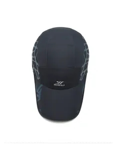 Top view of dark gray quick-dry baseball cap with camo mesh and SDSRUI logo details