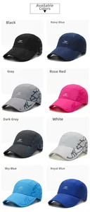 Close-up of quick-dry baseball caps showing breathable side mesh in eight colors