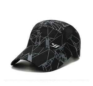 Detail of quick-dry baseball cap with geometric print and breathable side mesh panels