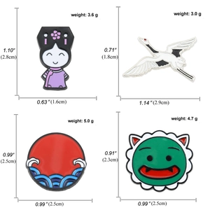 Detailed dimensions and weight of enamel pins with crane, sun, and lion designs