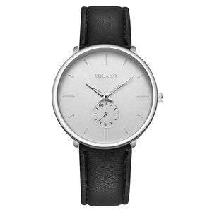 Minimalist men's fashion watch with silver case, gray dial, and black leather strap