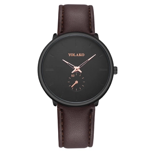 YOLAKO men's fashion watch with brown leather strap and black dial with rose gold markers