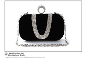 Detail of black suede evening bag featuring U-shaped rhinestone fringe and silver ring clasp