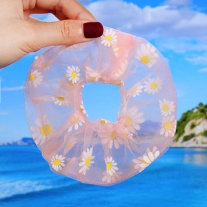 Pink daisy print organza hair scrunchie with elastic band for beach hairstyles