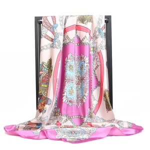 Women Satin Square Scarf Baroque Horse Carriage Chain Print Fashion Luxury Headscarf Neck Wrap Accessory