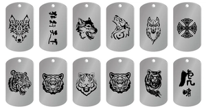Detail of 12 stainless steel dog tag pendants with wolf, tiger and Celtic engravings