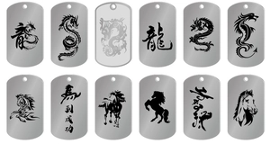 Detail of 12 stainless steel military tags with engraved dragon and horse motifs