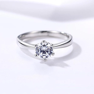 Close-up of classic six-prong silver ring with a brilliant round-cut center stone