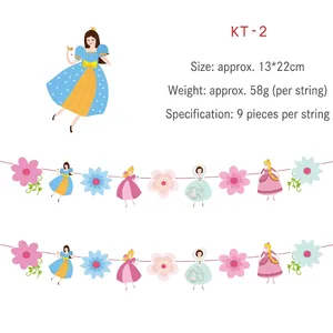 Detail view of cartoon princess party banner showing 13x22cm dimensions and vivid patterns