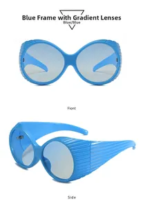 Front and side view of blue round oversized sunglasses with unique ribbed temple texture