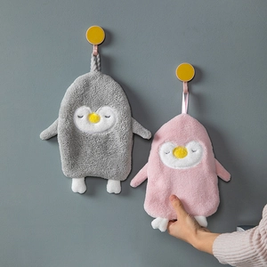 Cute penguin hanging hand towel in soft gray and pink coral fleece for bathrooms
