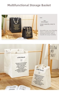 Detail of large cotton rope handle and motivational text on the canvas storage baskets