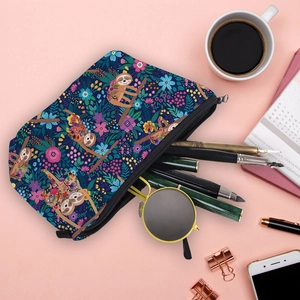 Digital sloth flower print travel cosmetic bag for storage with zipper closure