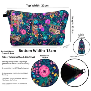 Detailed dimensions of the sloth print cosmetic bag with size labels and waterproof fabric