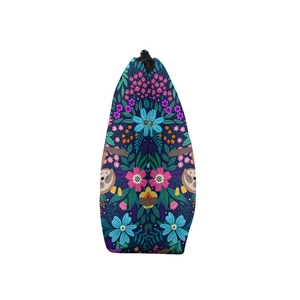 Detail view of sloth and floral print on durable fabric travel cosmetic bag with black zipper