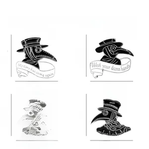 Detailed set of four plague doctor enamel pins in black and white punk gothic style
