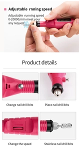 Dettagli della fresa per unghie rosa con velocità 20.000 giri/min e punte incluse