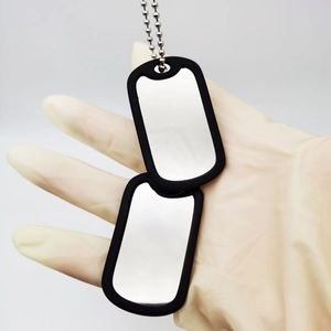 Polished stainless steel double dog tag necklace with black rubber silencers on ball chain