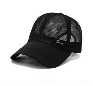 Detail of black mesh baseball cap showing breathable fabric and silver Sport logo