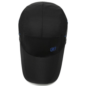 Breathable black outdoor baseball cap with blue embroidery and mesh panels for sun protection