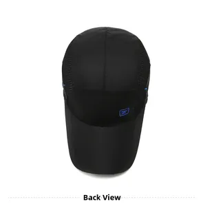 Back view of black quick-dry sports cap featuring breathable mesh and blue embroidery