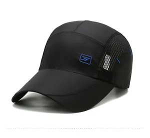 Detail view of the breathable mesh stitching and blue embroidery on this black sports cap