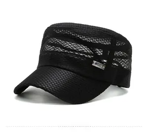 Detail view of black military flat top cap showing breathable mesh and metal S-P logo