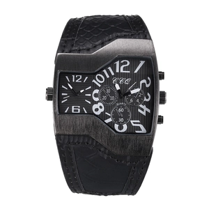 Men's fashion quartz watch with unique asymmetric metal case and black leather strap