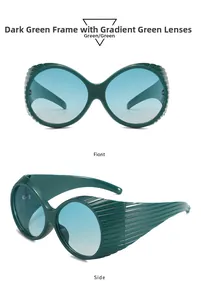 Detail of dark green oversized sunglasses with gradient lenses and textured temples