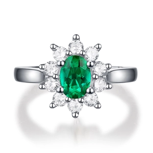 Elegant 925 silver adjustable ring with oval green gemstone and white diamond halo
