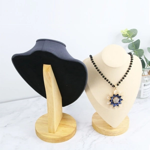 Beech wood necklace display stand with black velvet and beige linen finishes on wood base