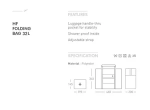 Size chart showing 32L folding travel bag dimensions and 460x345x200mm expanded size