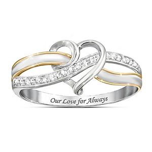 Tweekleurige hart infinity ring met kristallen en Our Love for Always gravure