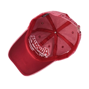 Internal view of washed red baseball cap showing inner lining, sweatband, and Always embroidery