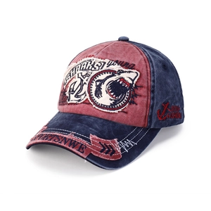 Vintage washed baseball cap with shark embroidery in red and blue patchwork design