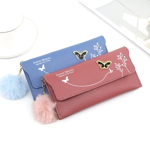 Elegant women's long leather wallets with butterfly metal buckle and soft plush charm
