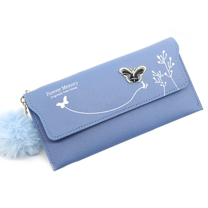Women's blue leather long wallet with butterfly floral print and pompom charm