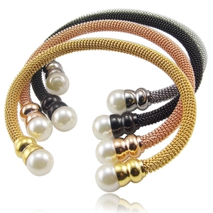 Edelstahl Netz Armreif Mit Künstliche Perlenimitat Eleganter Verstellbarer Gedrehter Bangle Für Damen