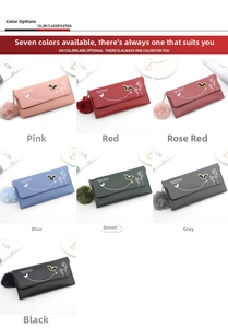 Color matrix showing long wallets with butterfly metal decor and furry pom-pom charms