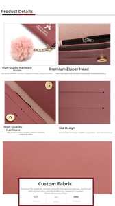 Close-up of pink PU leather wallet showing card slots, zipper and pompom charm detail